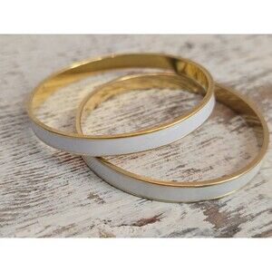 Vintage Monet White Enamel Gold Tone Bangle Bracelets Set Of 2 Stackable #128